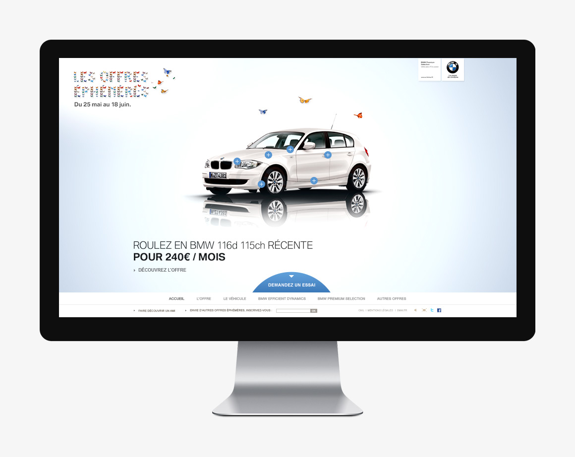 Home page webdesign of BMW Offres Éphémères, showcase website created by Antoine Desmeliers, 
                Laura Moreau Bockli, JWT Paris