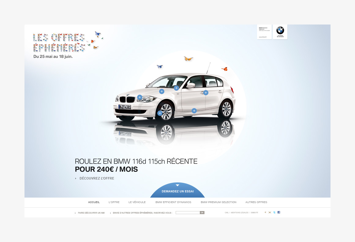 Home page webdesign of BMW Offres Éphémères, showcase website created by Antoine Desmeliers, 
                Laura Moreau Bockli, JWT Paris