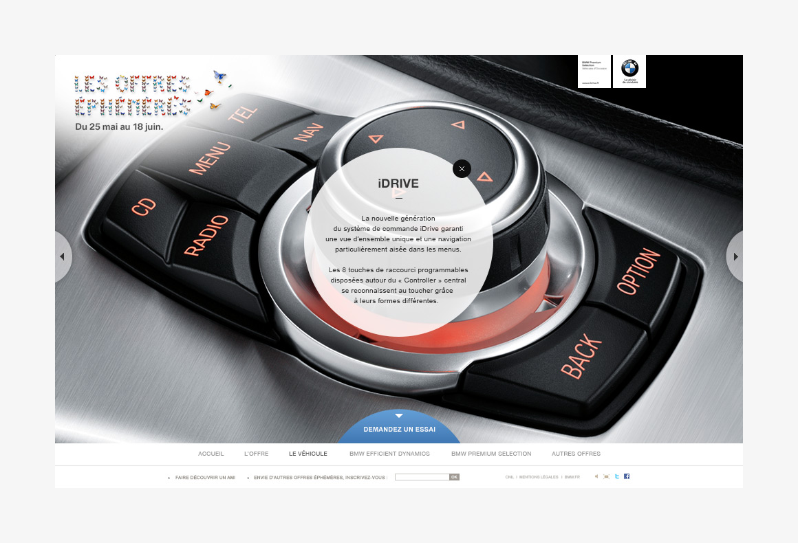 BMW technologies webdesign template of BMW Offres Éphémères, showcase website created by Antoine Desmeliers, 
                Laura Moreau Bockli, JWT Paris