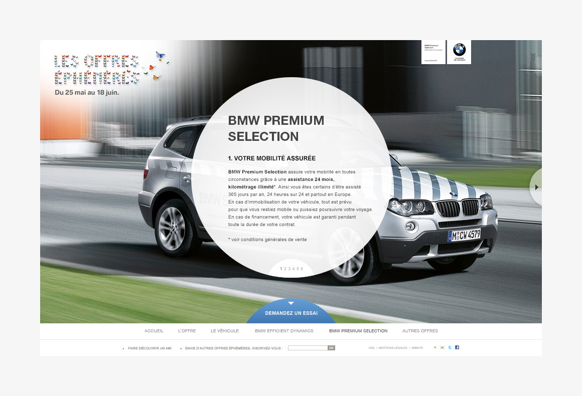 Brand service webdesign template of BMW Offres Éphémères, showcase website created by Antoine Desmeliers, 
                Laura Moreau Bockli, JWT Paris