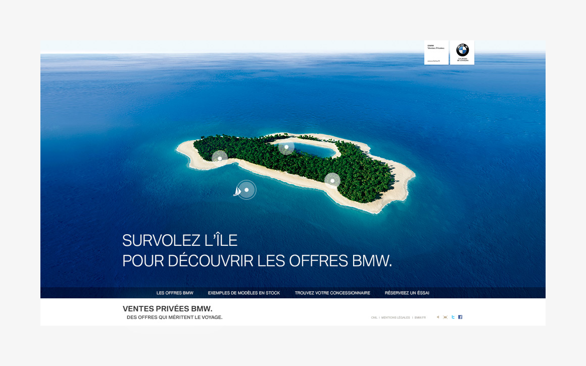 Home page webdesign of BMW Ventes Privées, showcase website created by Antoine Desmeliers, 
                Laura Moreau Bockli, JWT Paris