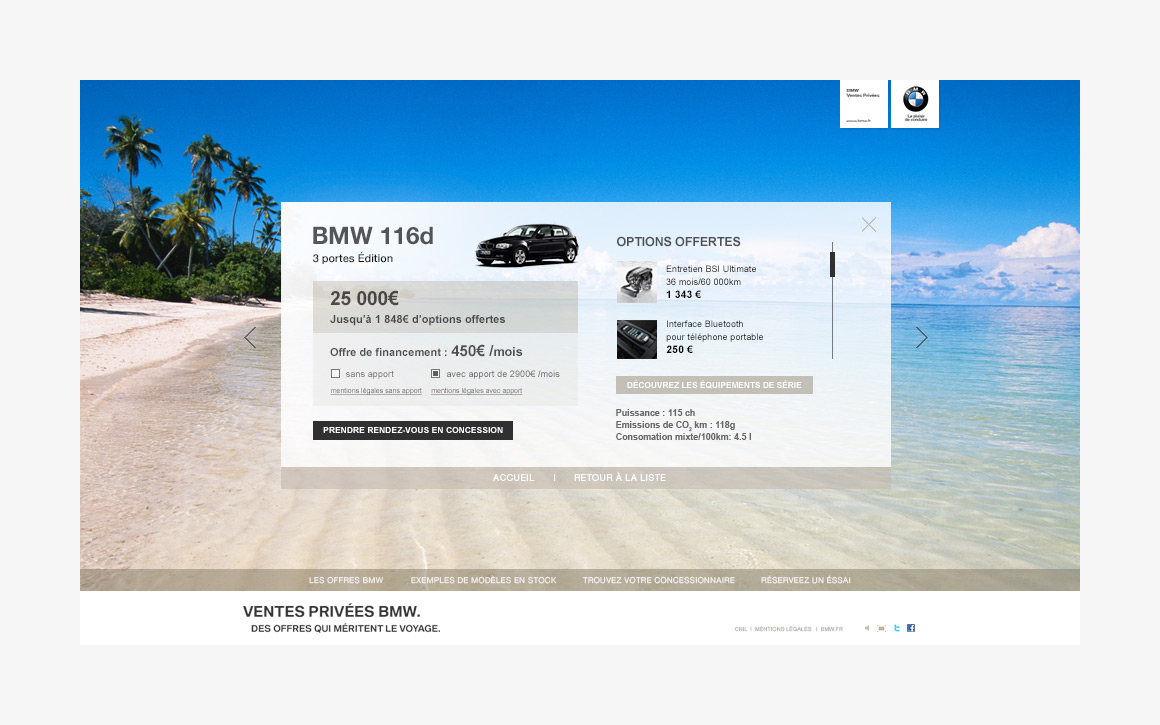 Product sheet webdesign of BMW Ventes Privées, showcase website created by Antoine Desmeliers, 
                Laura Moreau Bockli, JWT Paris