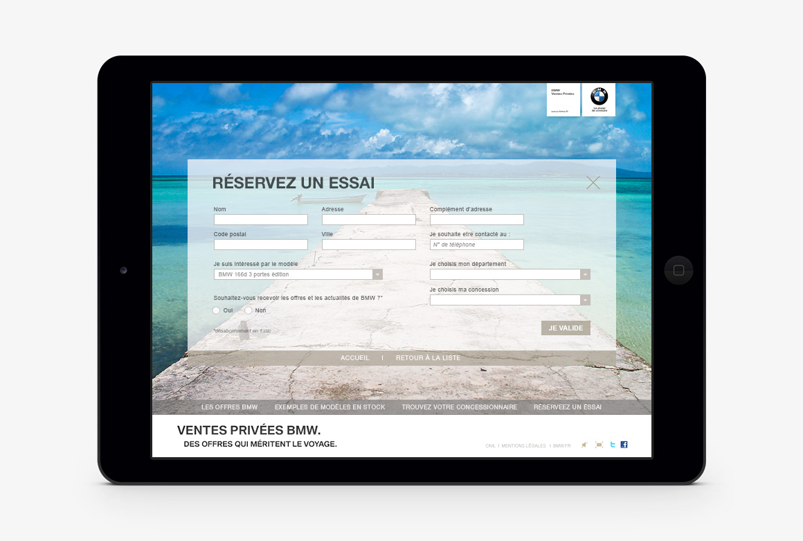 Form webdesign of BMW Ventes Privées, showcase website created by Antoine Desmeliers, 
                Laura Moreau Bockli, JWT Paris