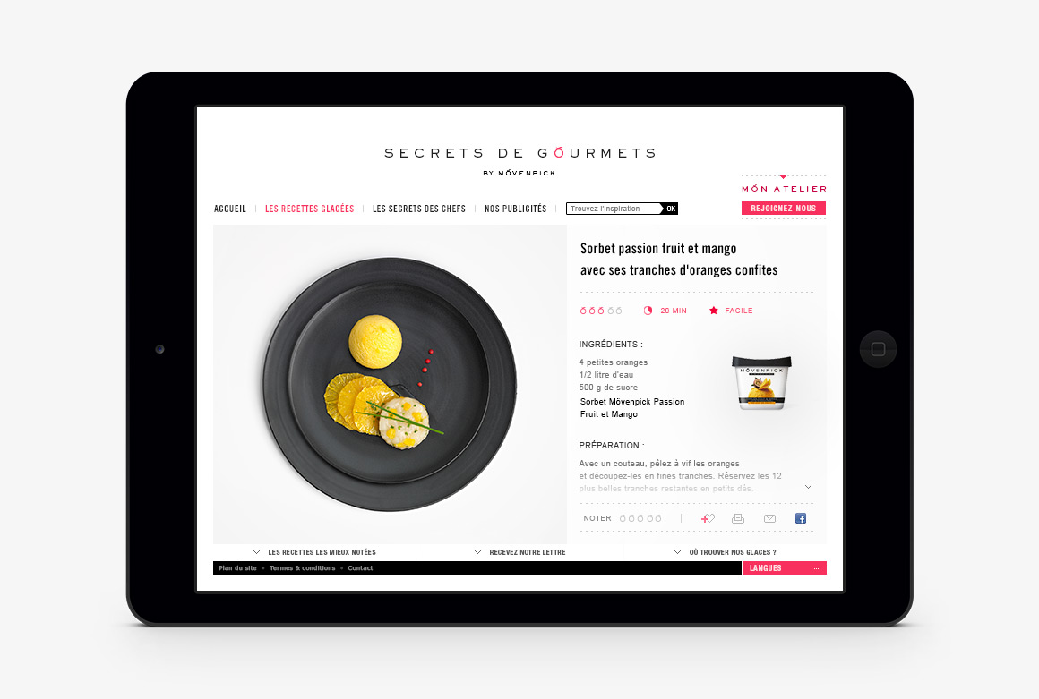 Recipe page webdesign of Movenpick Secrets de Gourmets,
                brand content website created by Antoine Desmeliers, Laura Moreau Bockli, JWT Paris