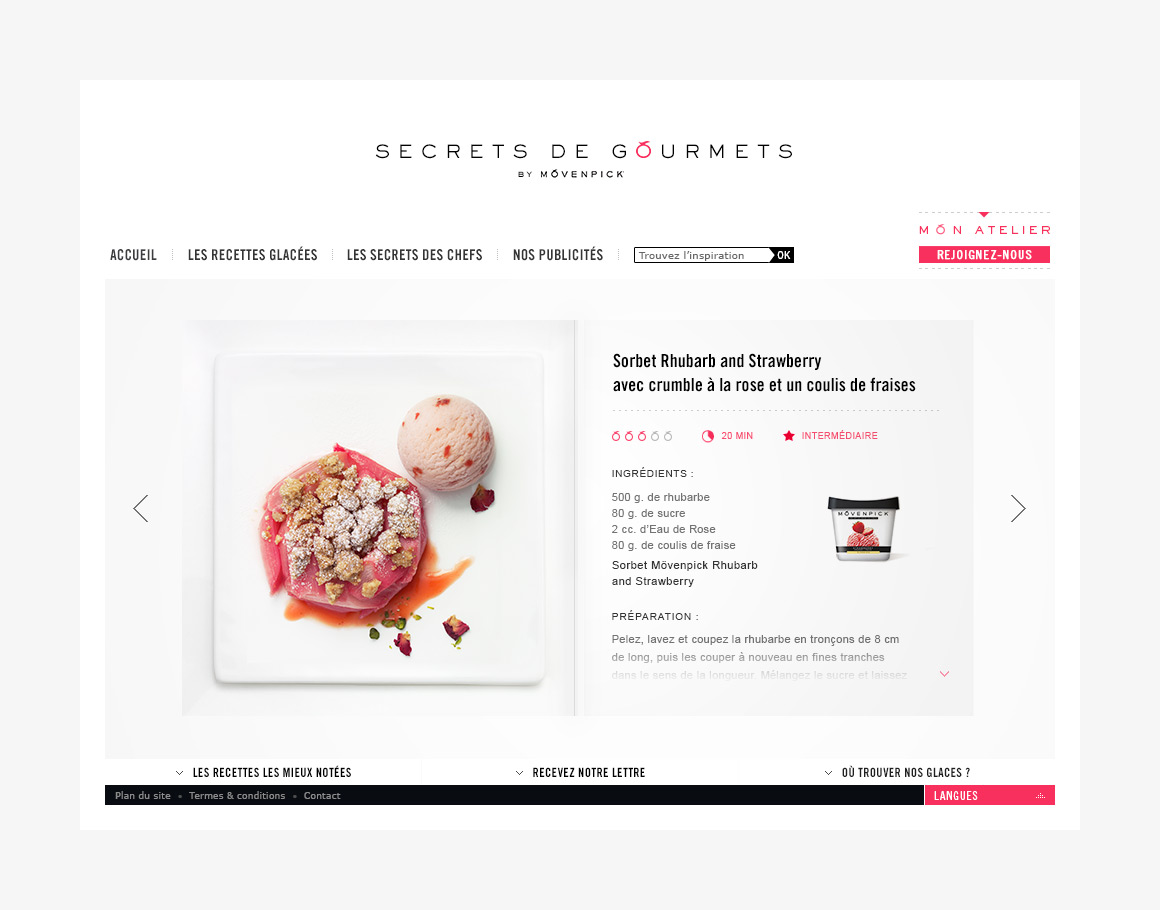 Recipe page webdesign of Movenpick Secrets de Gourmets,
                brand content website created by Antoine Desmeliers, Laura Moreau Bockli, JWT Paris