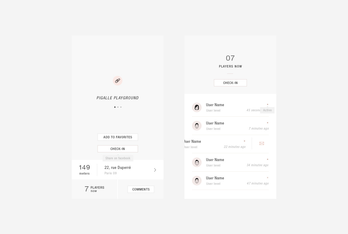 Playground and check-in wireframes of Playground, basketball app mobile 
                	created by Antoine Desmeliers, Antoine Plu, Vincent Desdoigts et Claire Coloma