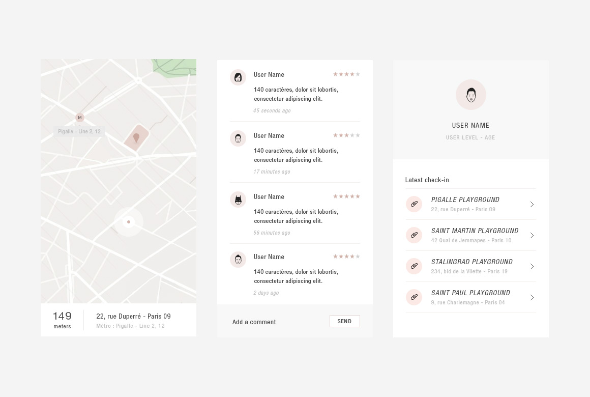 Map, comments and profile wireframes of Playground, basketball app mobile 
                	created by Antoine Desmeliers, Antoine Plu, Vincent Desdoigts et Claire Coloma