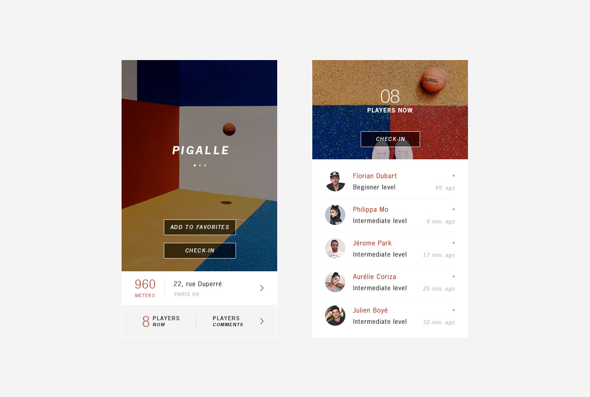 Playground and check-in webdesign of Playground, basketball app mobile 
                created by Antoine Desmeliers, Antoine Plu, Vincent Desdoigts et Claire Coloma