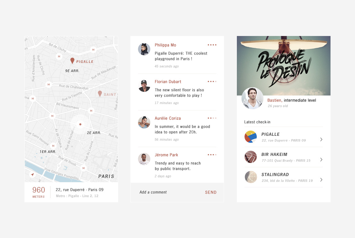 Map, comments and profile webdesign of Playground, basketball app mobile 
                created by Antoine Desmeliers, Antoine Plu, Vincent Desdoigts et Claire Coloma