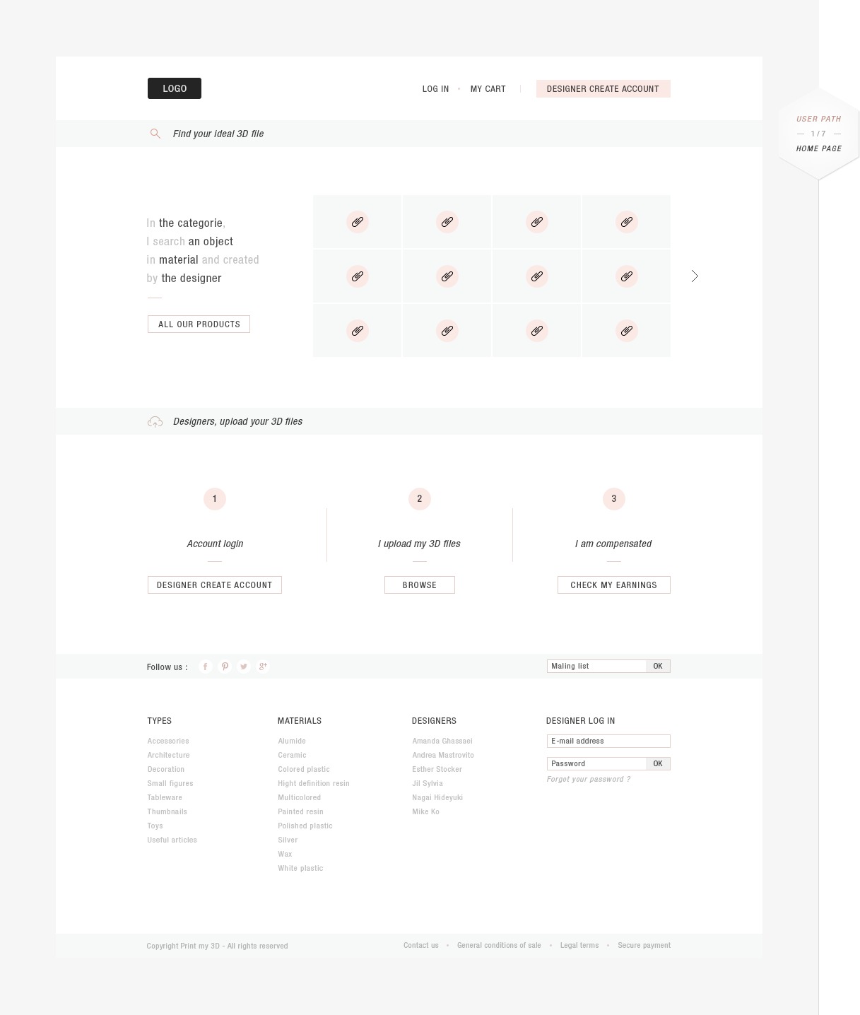 Home page wireframe of Print my 3D, an UX design analysis and created by Antoine Desmeliers