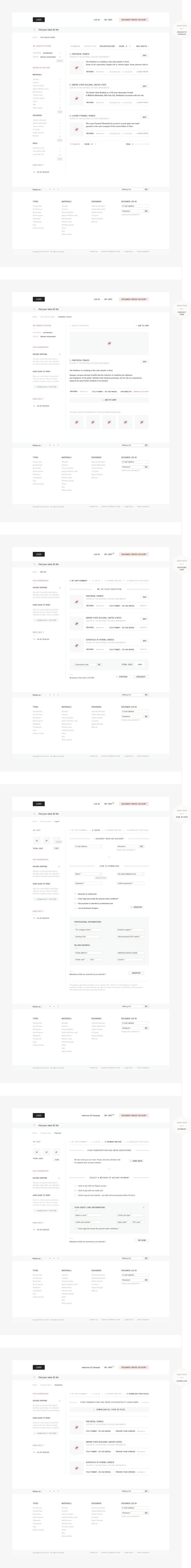 Wireframes of Print my 3D, an UX design analysis and created by Antoine Desmeliers